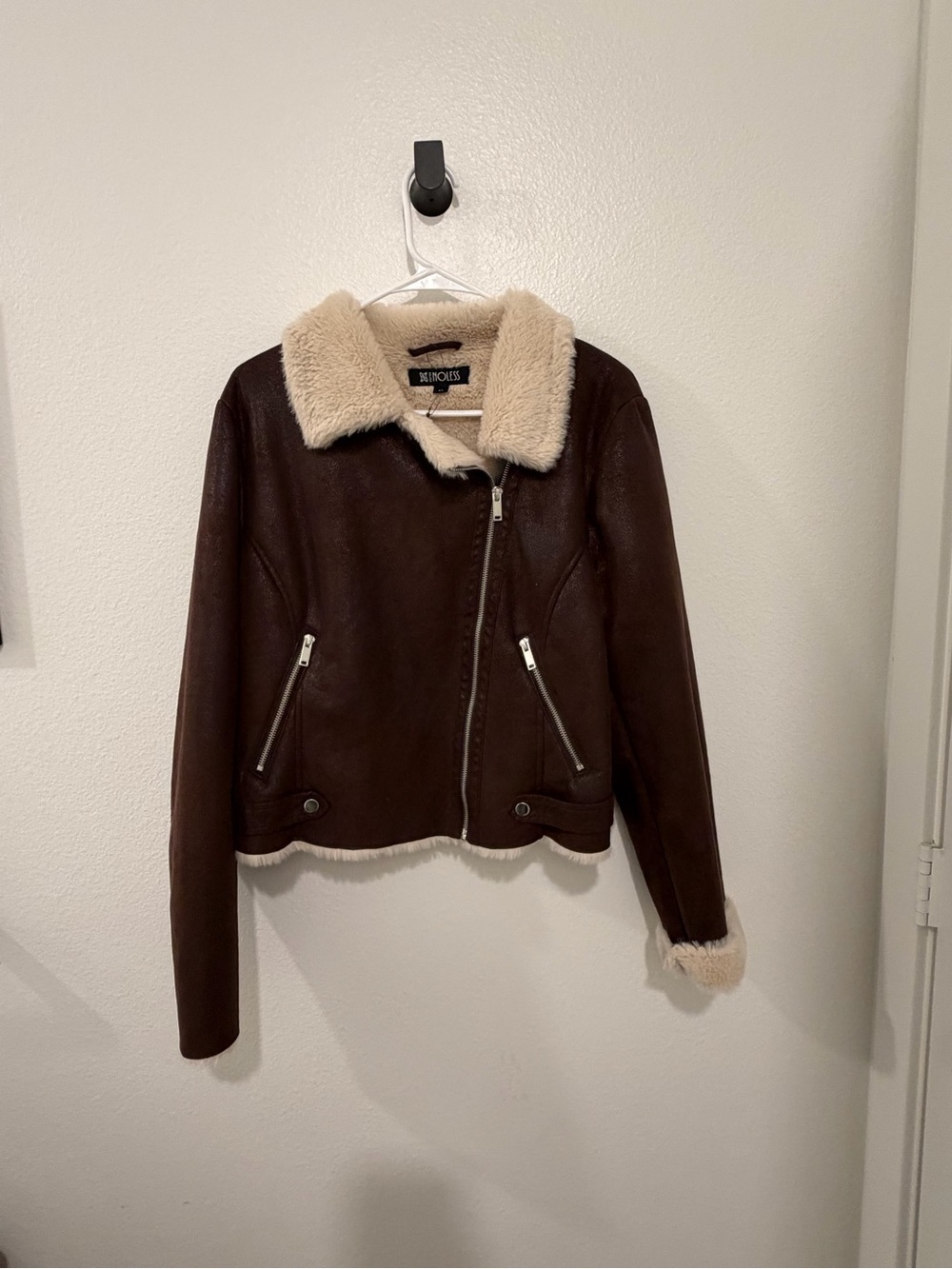 Macy's Dark Brown Faux-Shearling Trim Moto Jacket